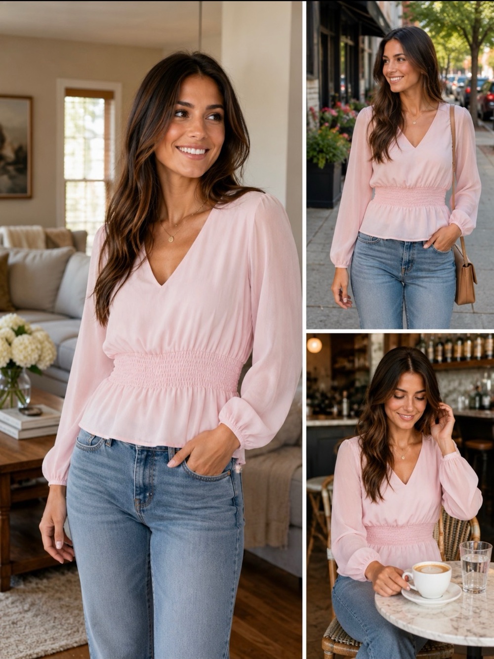 Leith Pale Pink V-Neck Smocked Waist Peplum Blouse